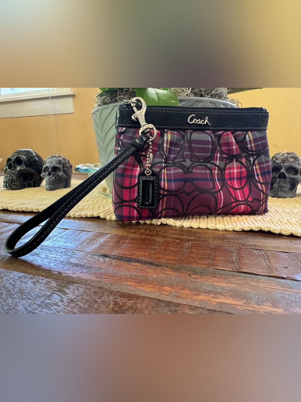 NWOT Coach Pink Plaid Signature Wristlet with Black Trim